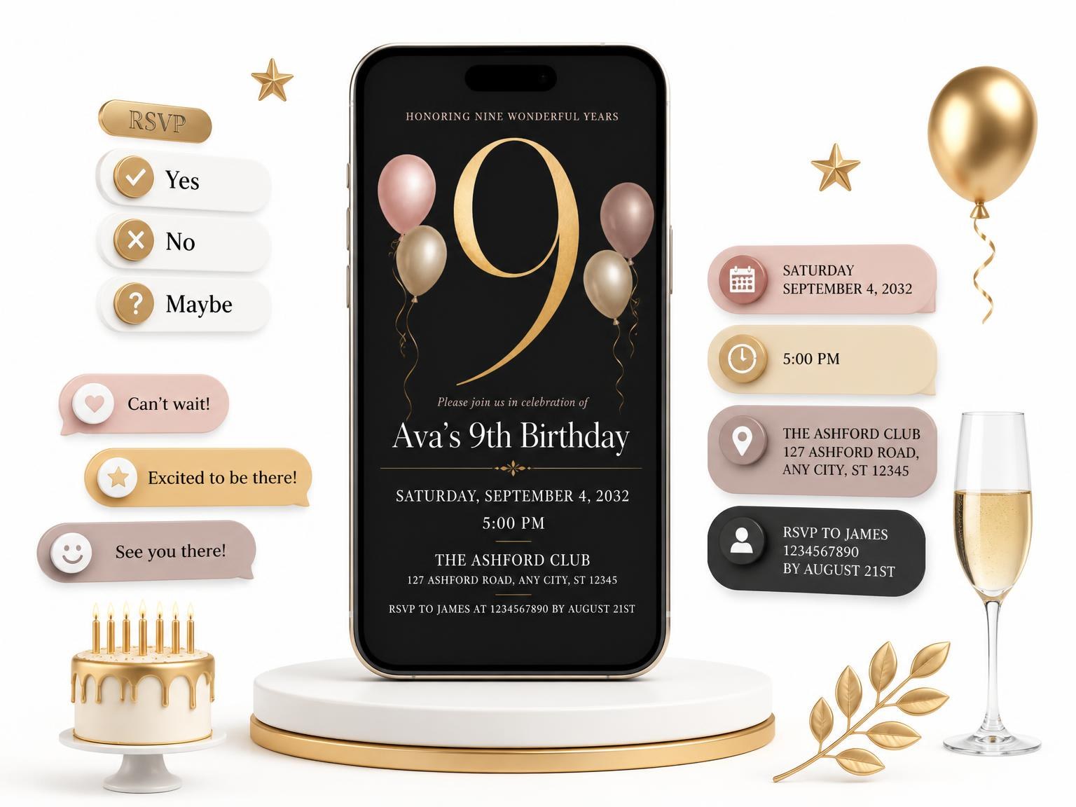 The Charcoal and Blush 9th Birthday Invitation invitation on a phone, with guest RSVPs arriving around it