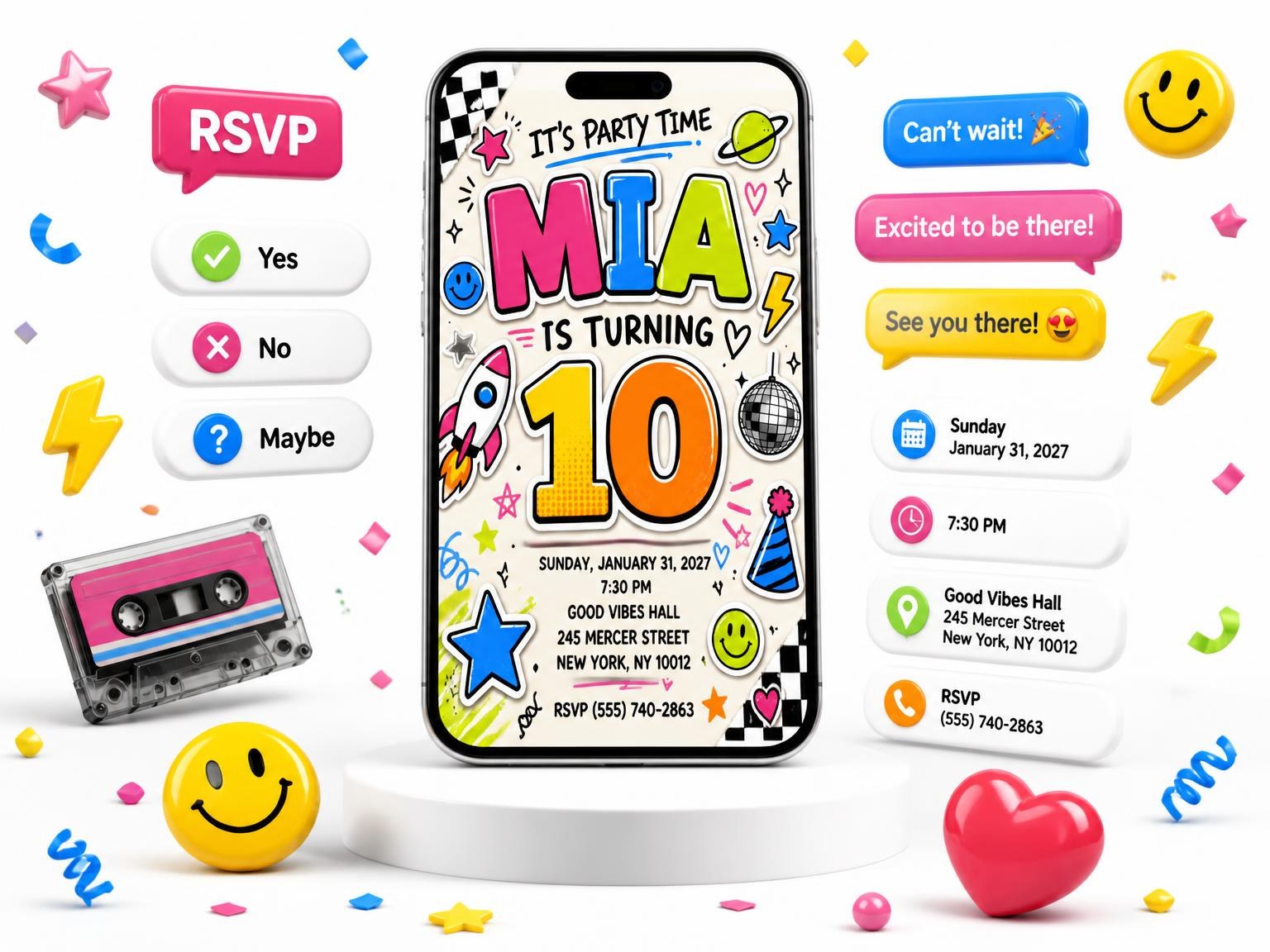 The Sticker Pop 10th Birthday Invitation invitation on a phone, with guest RSVPs arriving around it