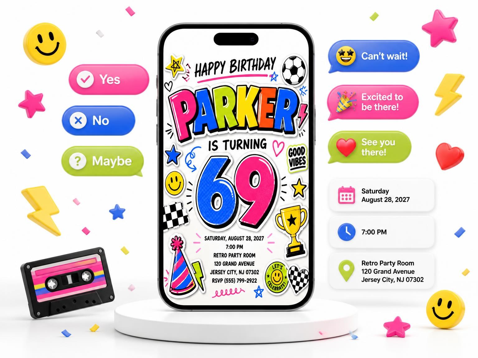 The Sticker Pop 69th Birthday Invitation invitation on a phone, with guest RSVPs arriving around it