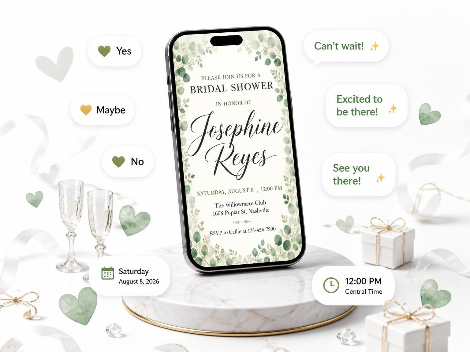 The Watercolor Eucalyptus Bridal Shower Invitation invitation on a phone, with guest RSVPs arriving around it