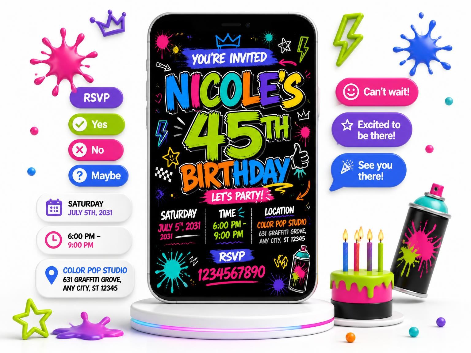 The Graffiti Street Art 45th Birthday Invitation invitation on a phone, with guest RSVPs arriving around it