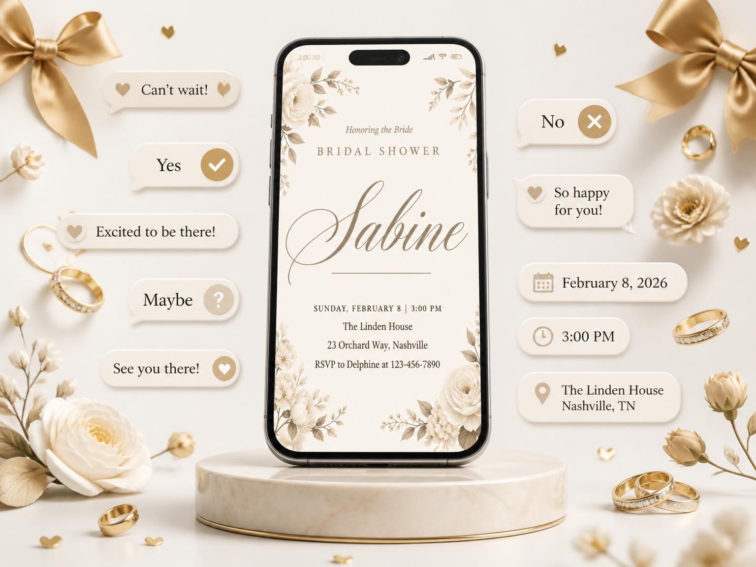 The Sepia Floral Bridal Shower Invitation invitation on a phone, with guest RSVPs arriving around it