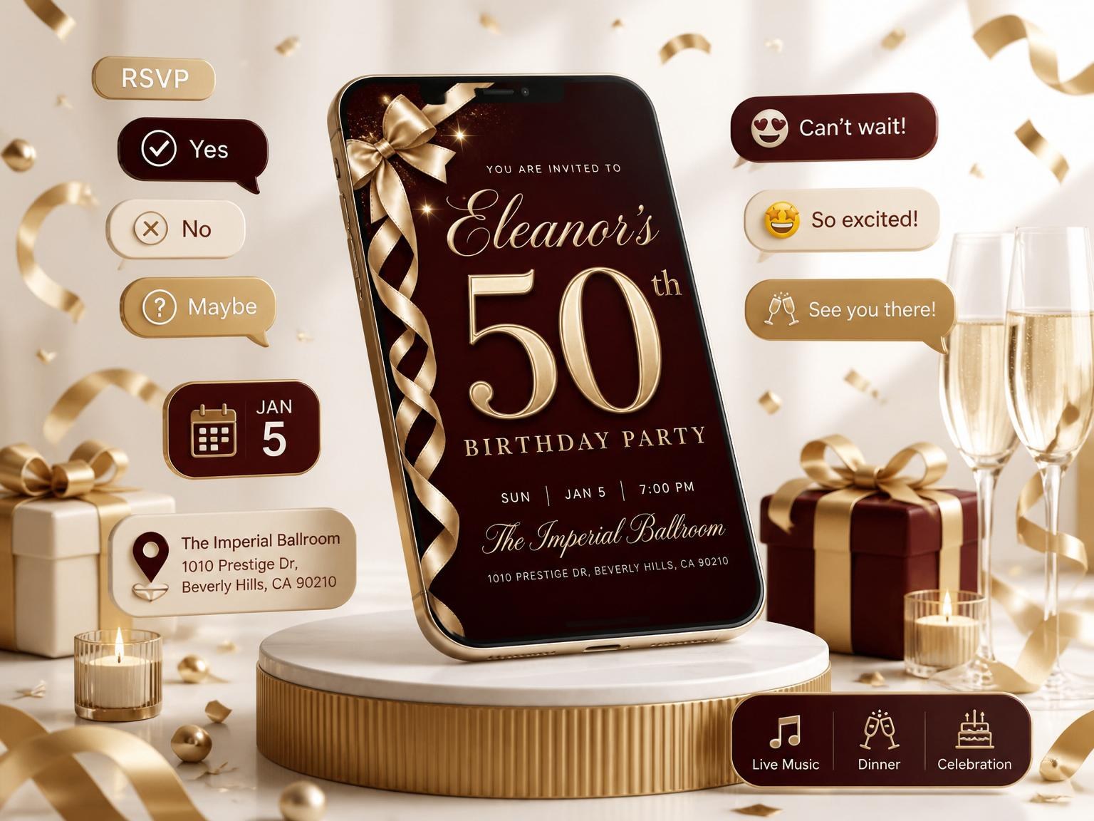 The Burgundy Gold Ribbon 50th Birthday invitation on a phone, with guest RSVPs arriving around it