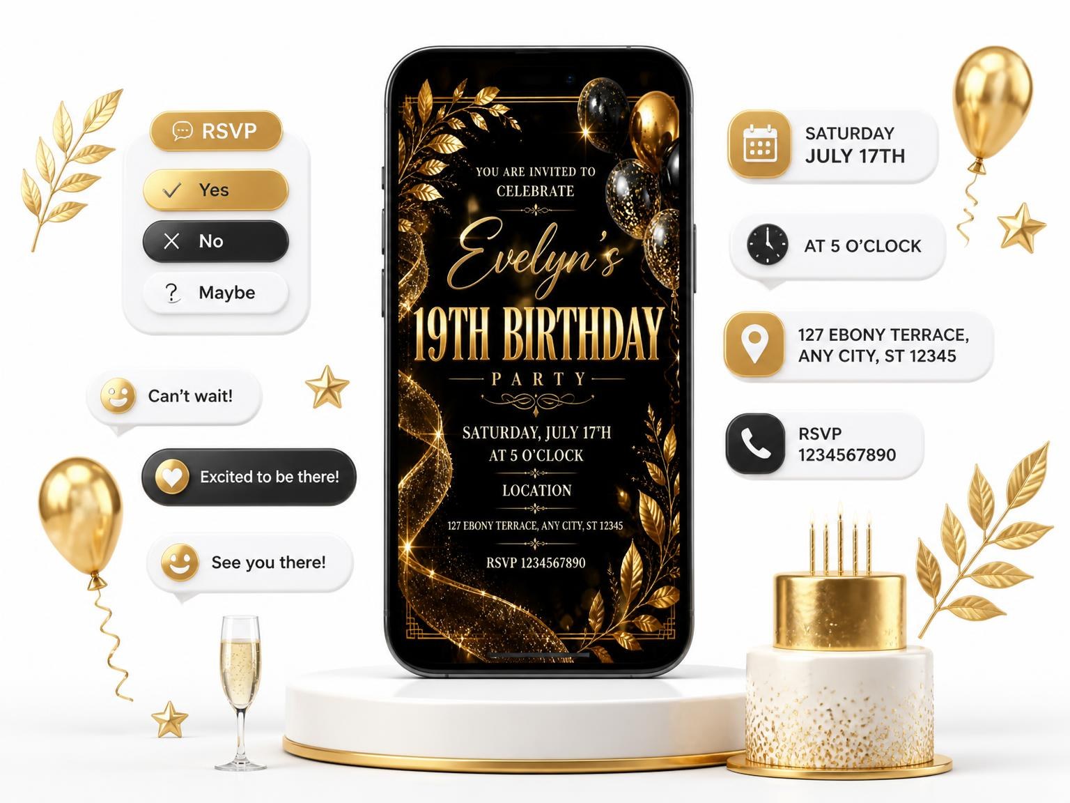 The Black and Gold 19th Birthday Invitation invitation on a phone, with guest RSVPs arriving around it