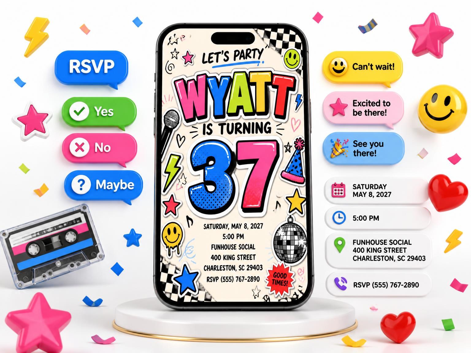 The Sticker Pop 37th Birthday Invitation invitation on a phone, with guest RSVPs arriving around it