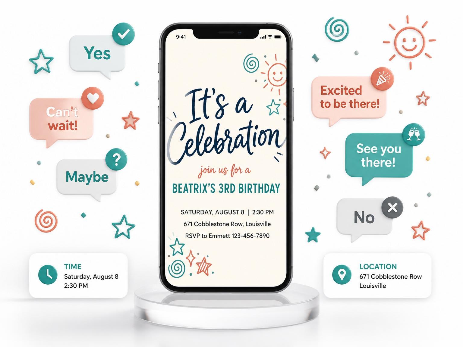 The Cream Sun Star 3rd Birthday Invitation invitation on a phone, with guest RSVPs arriving around it