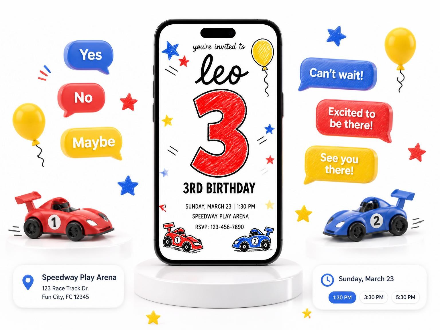 The Crayon Race Car 3rd Birthday invitation on a phone, with guest RSVPs arriving around it