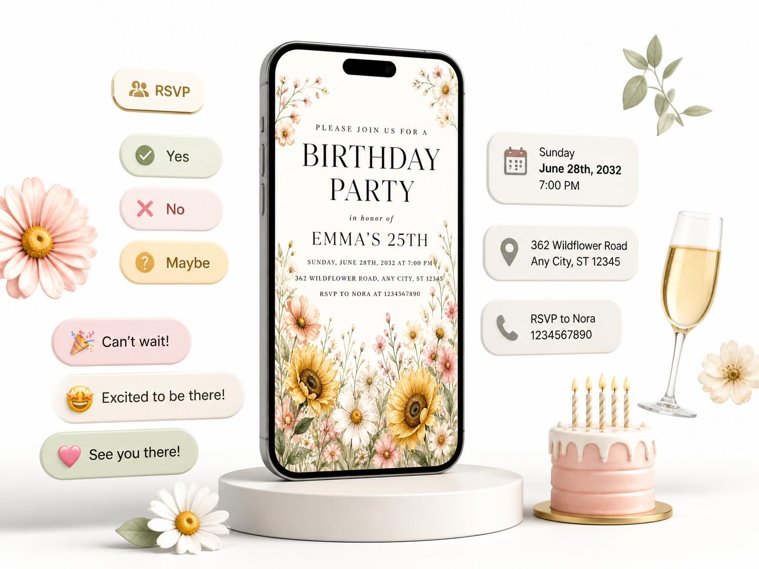 The Wildflowers Sunflowers 25th Birthday Invitation invitation on a phone, with guest RSVPs arriving around it