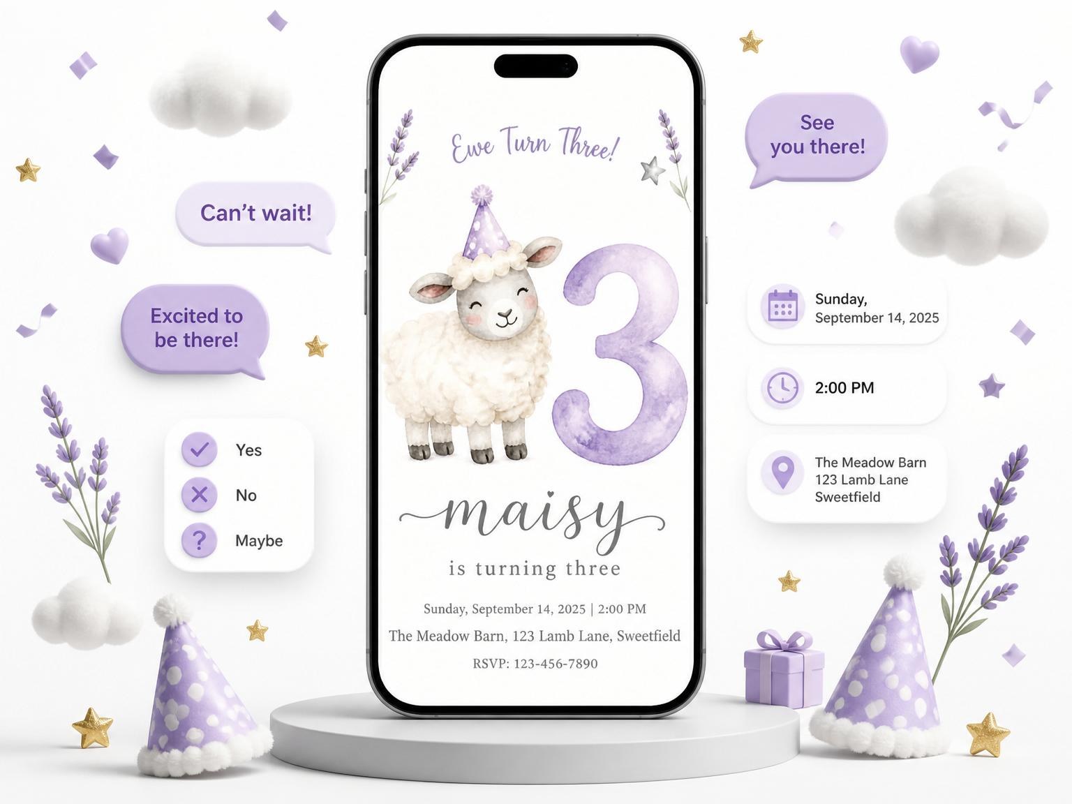 The Watercolor Lamb Lavender 3rd Birthday invitation on a phone, with guest RSVPs arriving around it