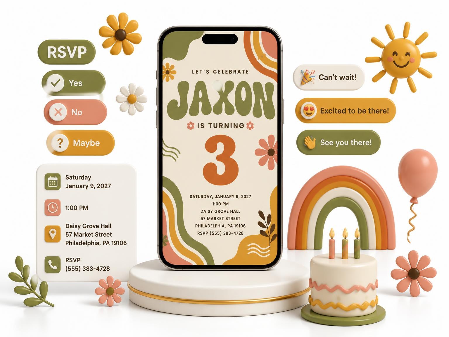 The Groovy Retro 3rd Birthday Invitation invitation on a phone, with guest RSVPs arriving around it
