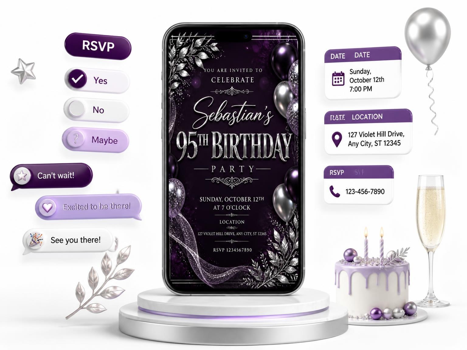 The Plum and Silver 95th Birthday Invitation invitation on a phone, with guest RSVPs arriving around it