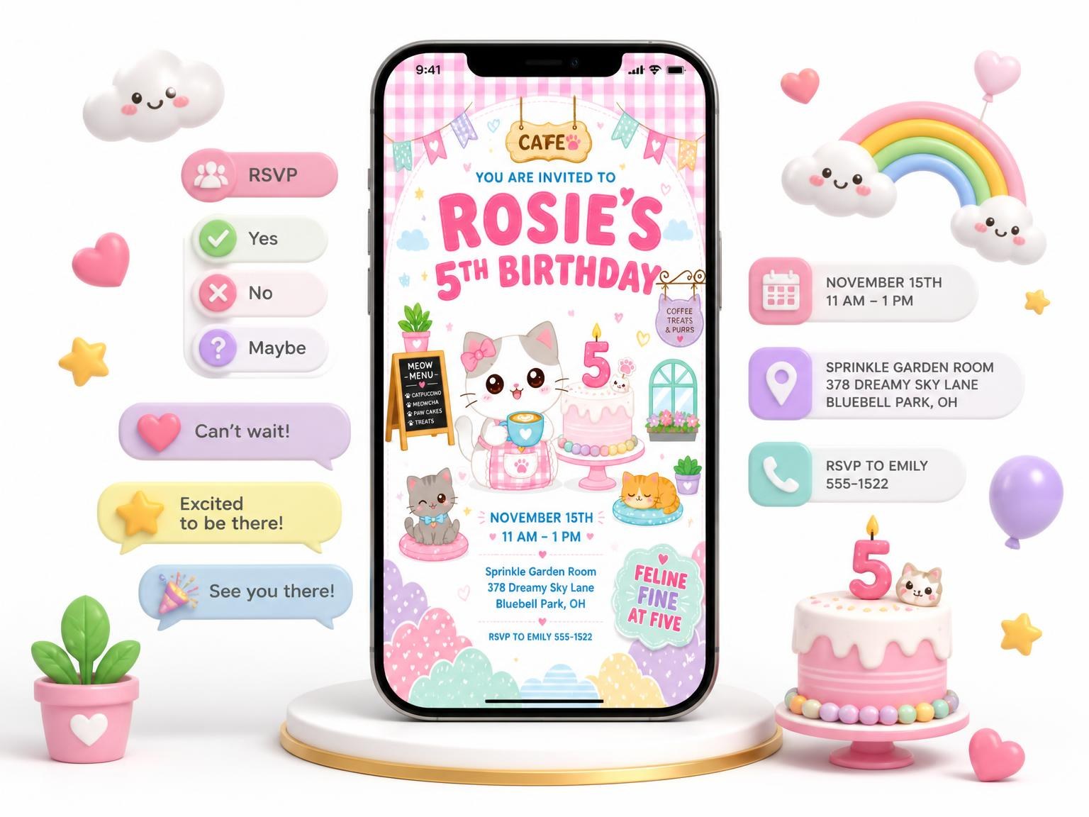 The Barista Cat Kawaii 5th Birthday Invitation invitation on a phone, with guest RSVPs arriving around it