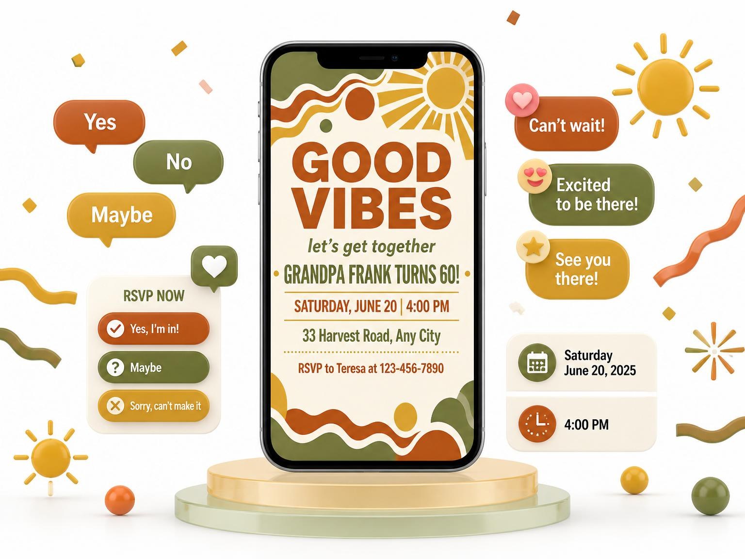 The Retro Earth Tone 60th Birthday invitation on a phone, with guest RSVPs arriving around it