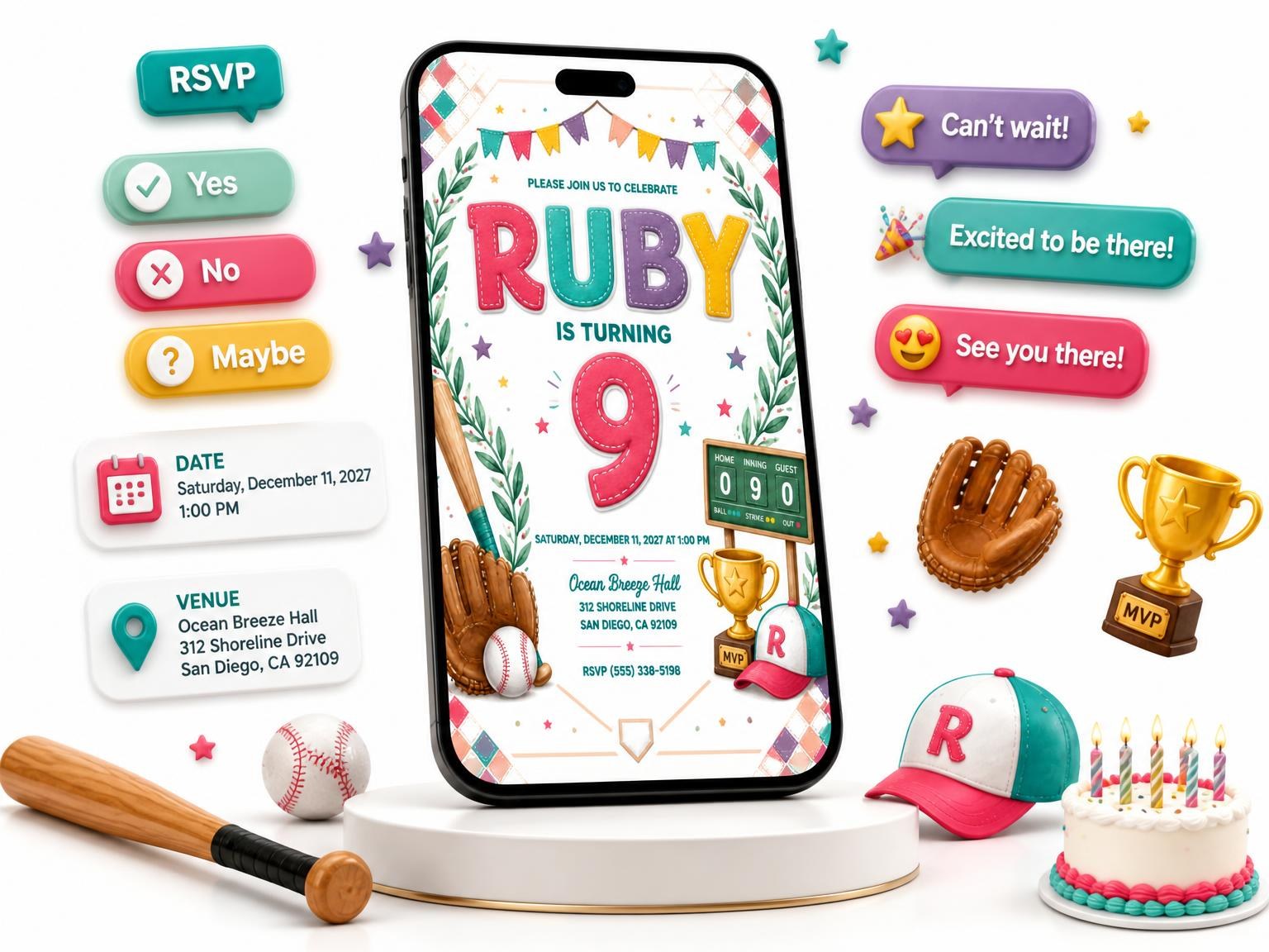 The Stitched Baseball 9th Birthday Invitation invitation on a phone, with guest RSVPs arriving around it