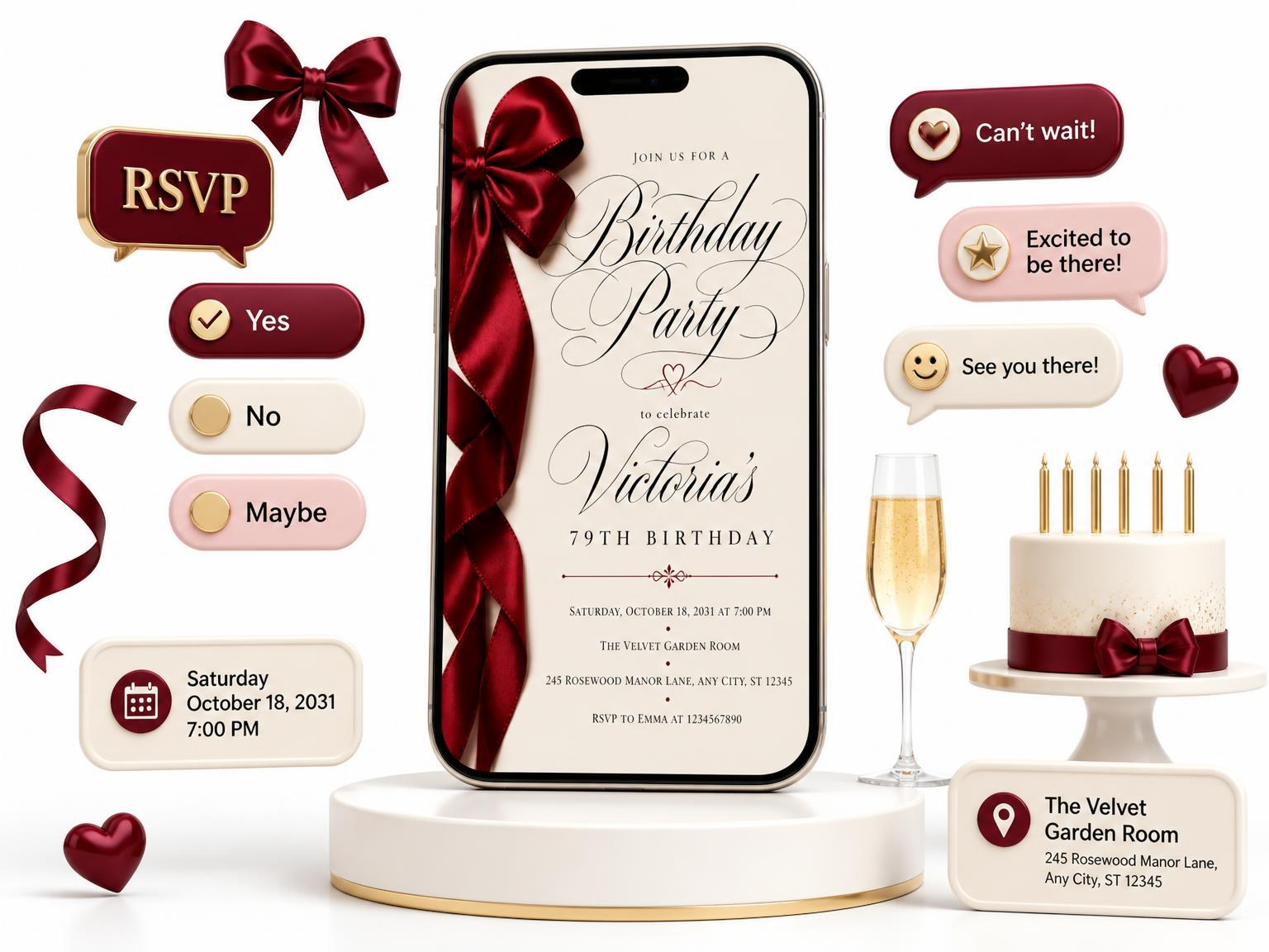 The Burgundy Satin Bow 79th Birthday Invitation invitation on a phone, with guest RSVPs arriving around it