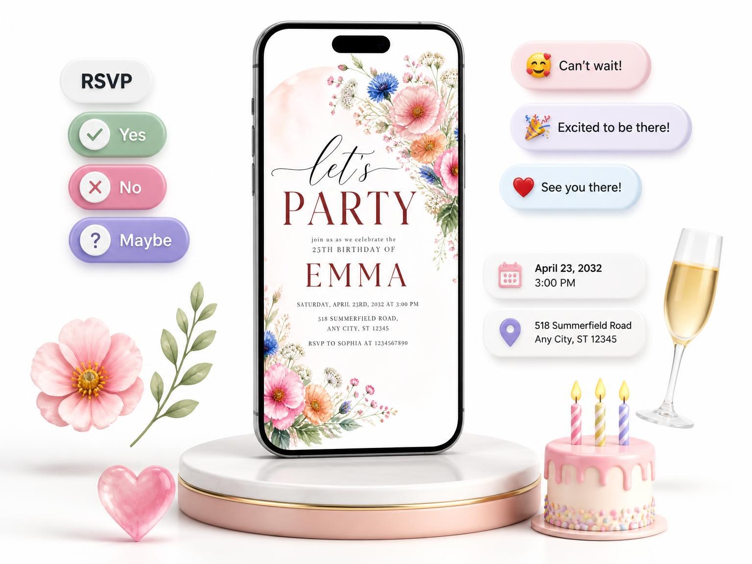 The Arch Blush 25th Birthday Invitation invitation on a phone, with guest RSVPs arriving around it