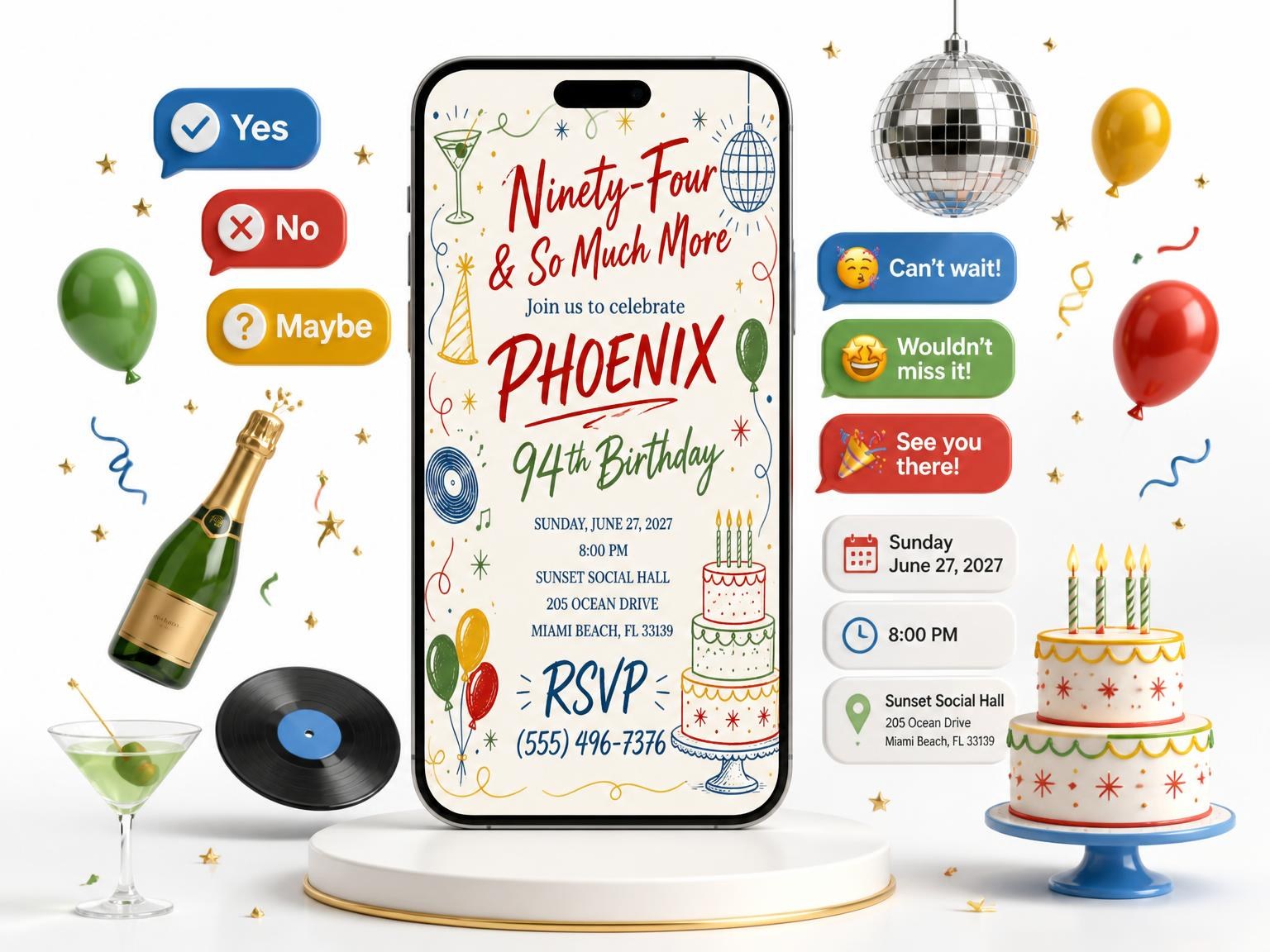 The Retro Doodle 94th Birthday Invitation invitation on a phone, with guest RSVPs arriving around it
