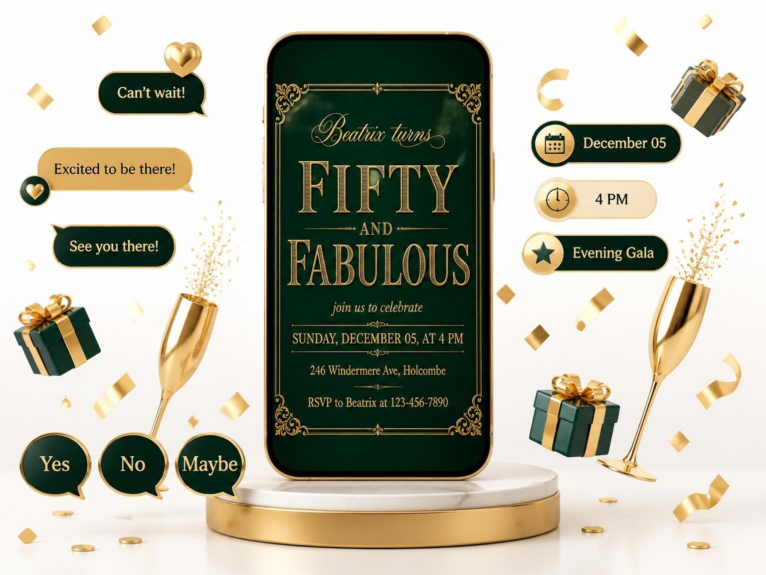 The Forest Green Gold Filigree 50th Birthday invitation on a phone, with guest RSVPs arriving around it