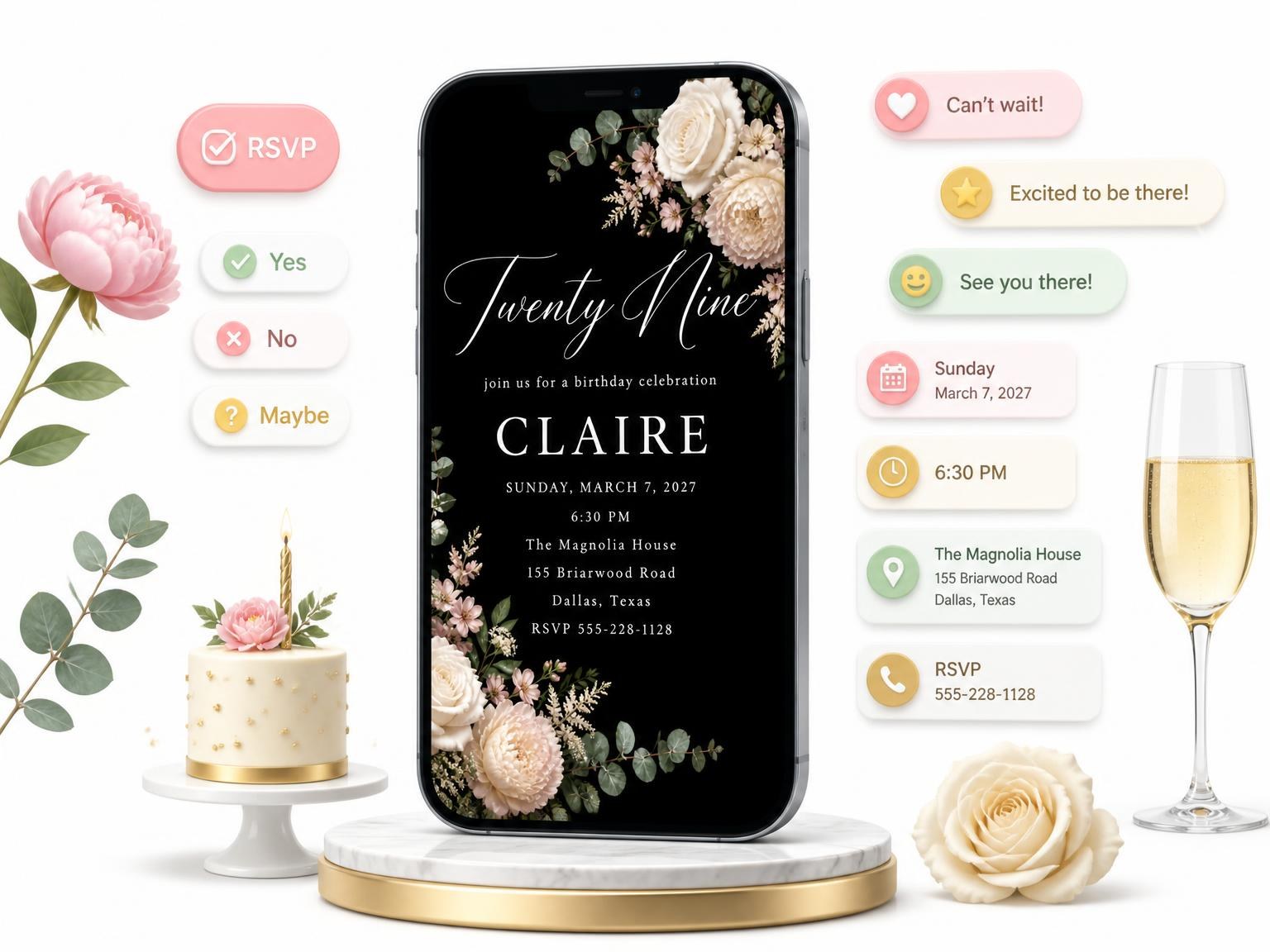 The Black Floral 29th Birthday Invitation invitation on a phone, with guest RSVPs arriving around it