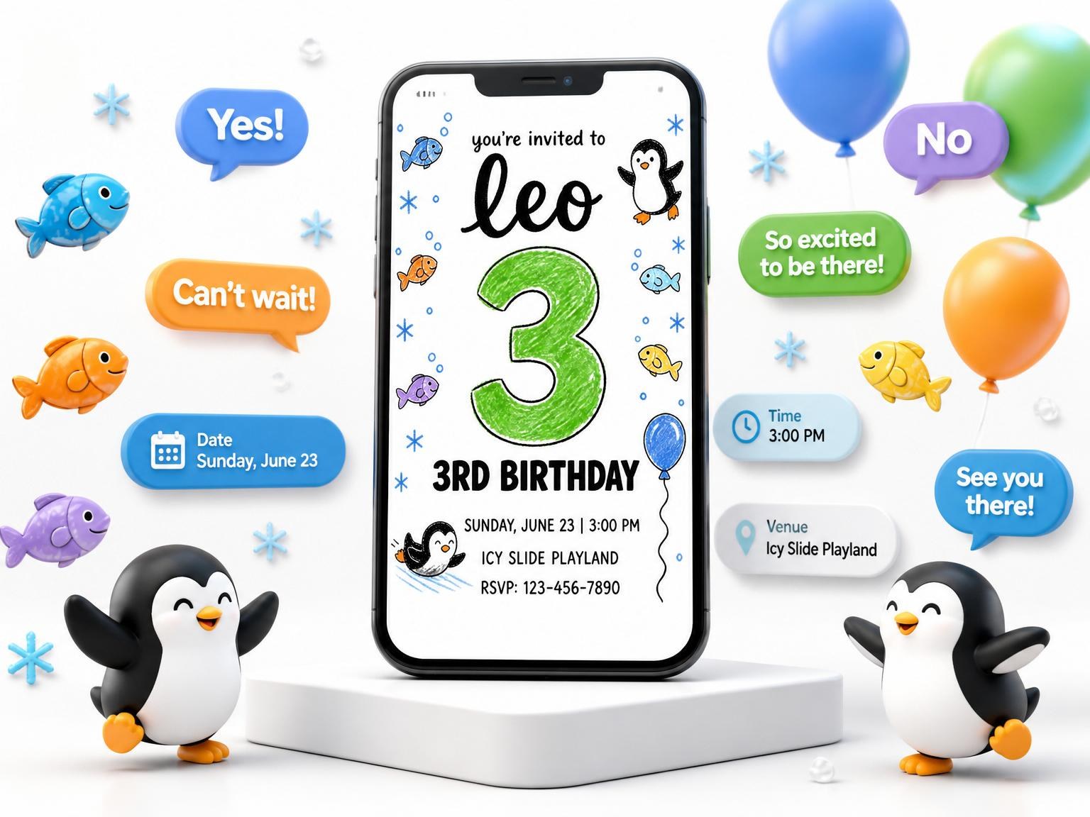 The Crayon Penguin and Fish 3rd Birthday invitation on a phone, with guest RSVPs arriving around it