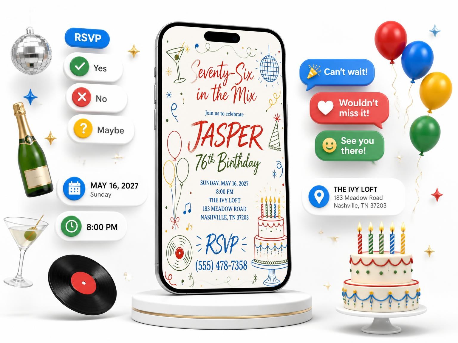 The Retro Doodle 76th Birthday Invitation invitation on a phone, with guest RSVPs arriving around it