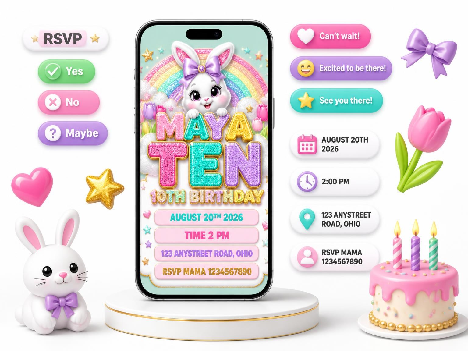 The Glitter Sparkle Bunny 10th Birthday Invitation invitation on a phone, with guest RSVPs arriving around it