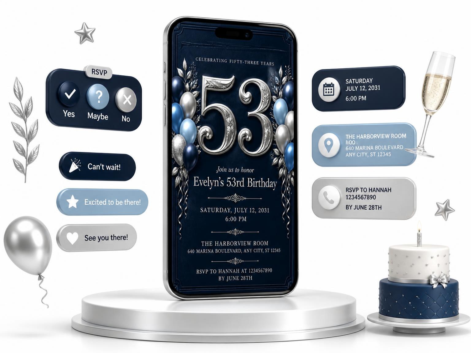 The Navy and Silver 53rd Birthday Invitation invitation on a phone, with guest RSVPs arriving around it