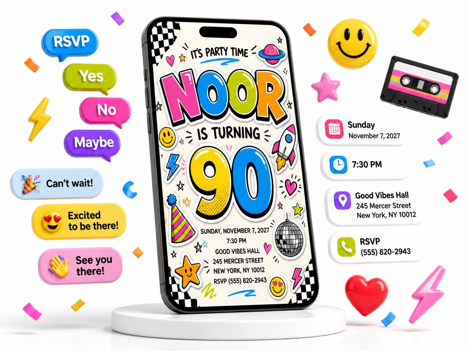 The Sticker Pop 90th Birthday Invitation invitation on a phone, with guest RSVPs arriving around it