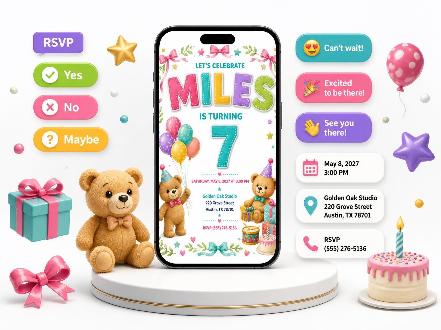 The Stitched Teddy Bear 7th Birthday Invitation invitation on a phone, with guest RSVPs arriving around it