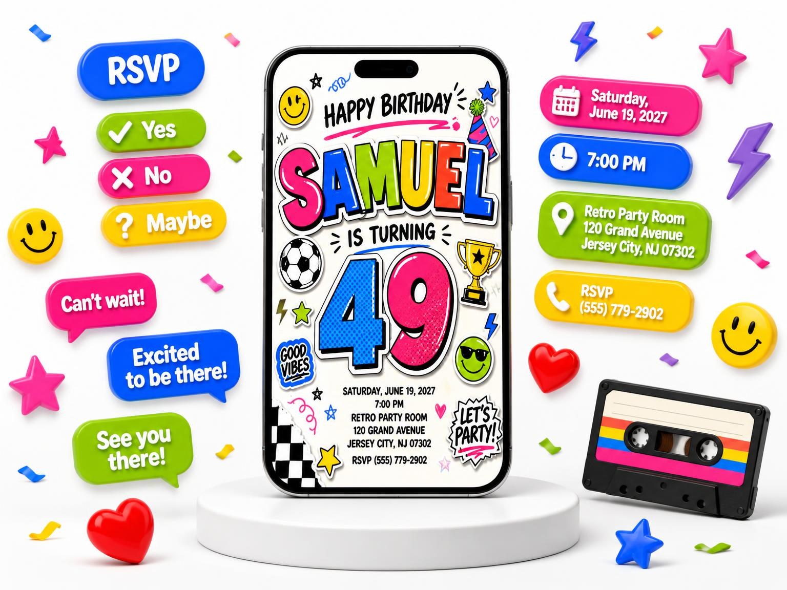 The Sticker Pop 49th Birthday Invitation invitation on a phone, with guest RSVPs arriving around it