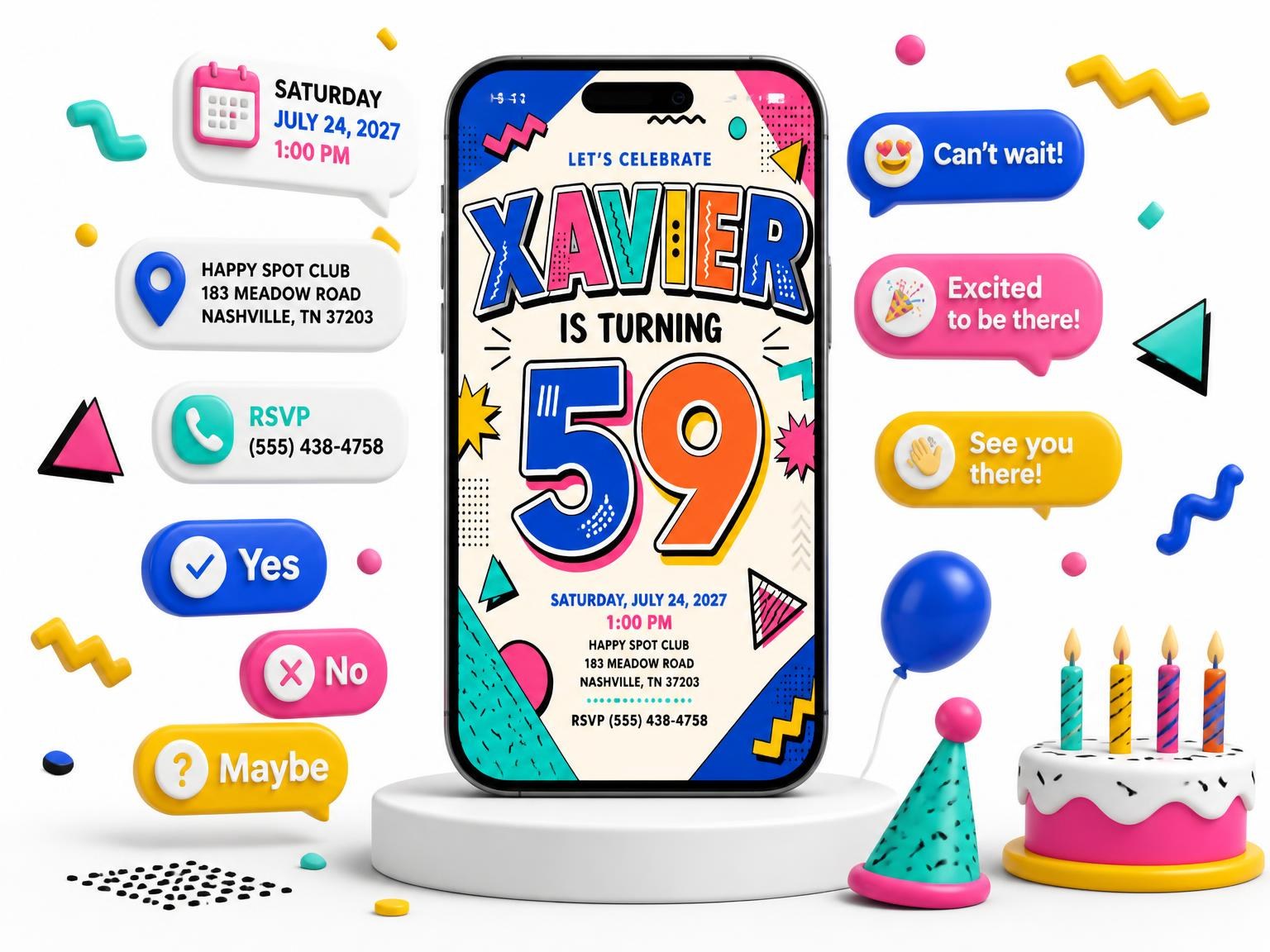 The Memphis Pop 59th Birthday Invitation invitation on a phone, with guest RSVPs arriving around it