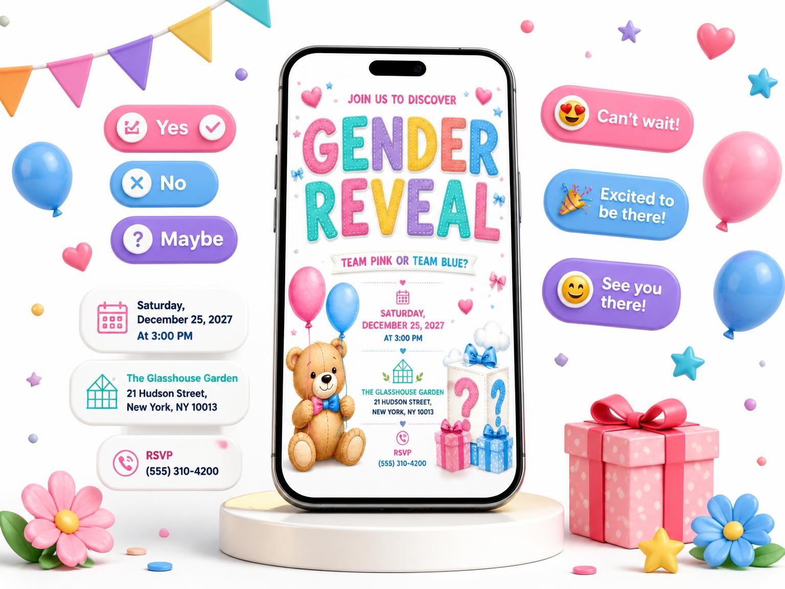 The Mystery Gift Gender Reveal Invitation invitation on a phone, with guest RSVPs arriving around it