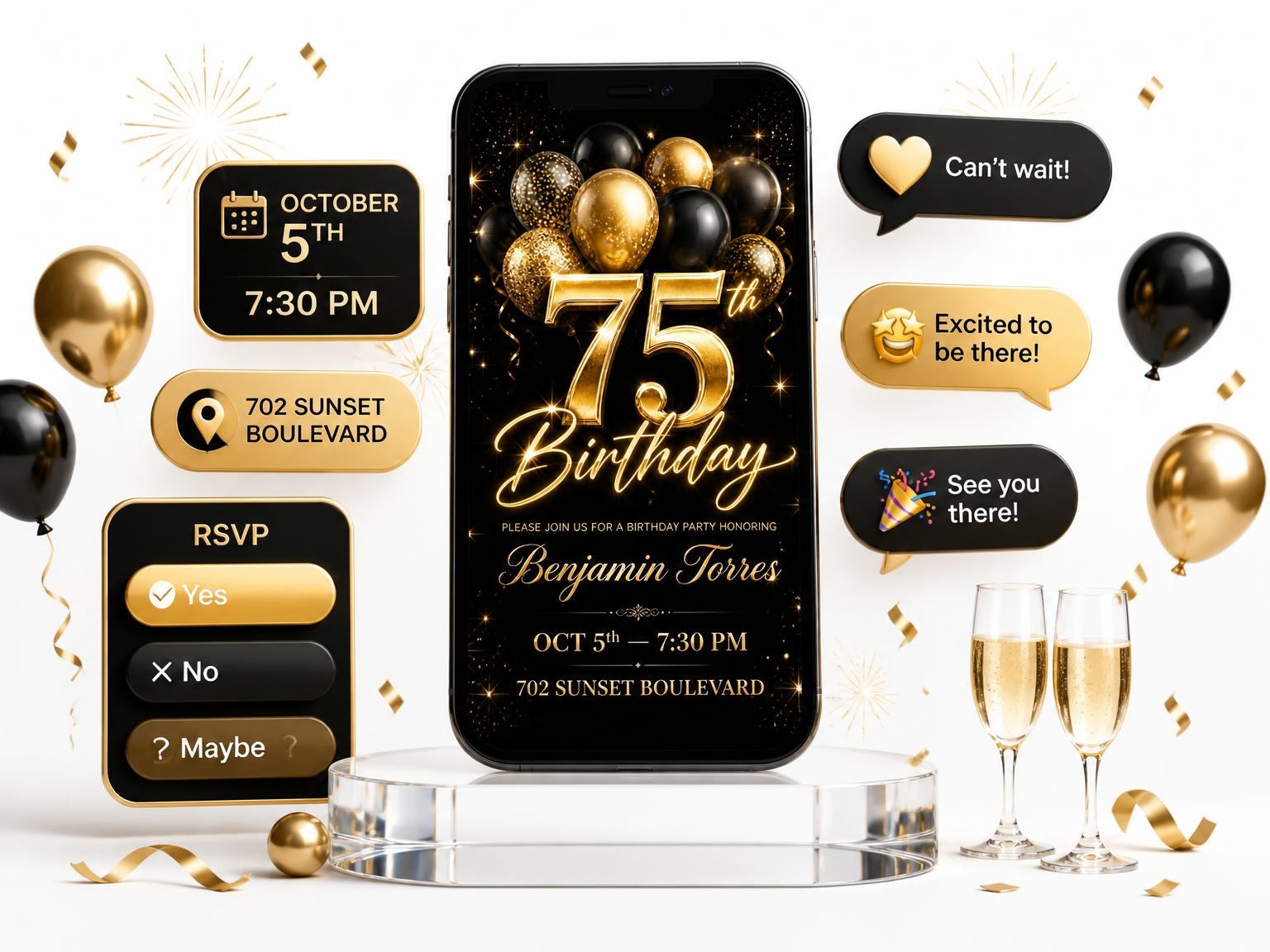 The Black and Gold Balloon 75th Birthday invitation on a phone, with guest RSVPs arriving around it