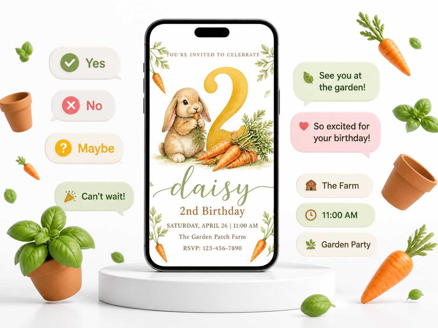 The Watercolor Bunny Carrot 2nd Birthday invitation on a phone, with guest RSVPs arriving around it