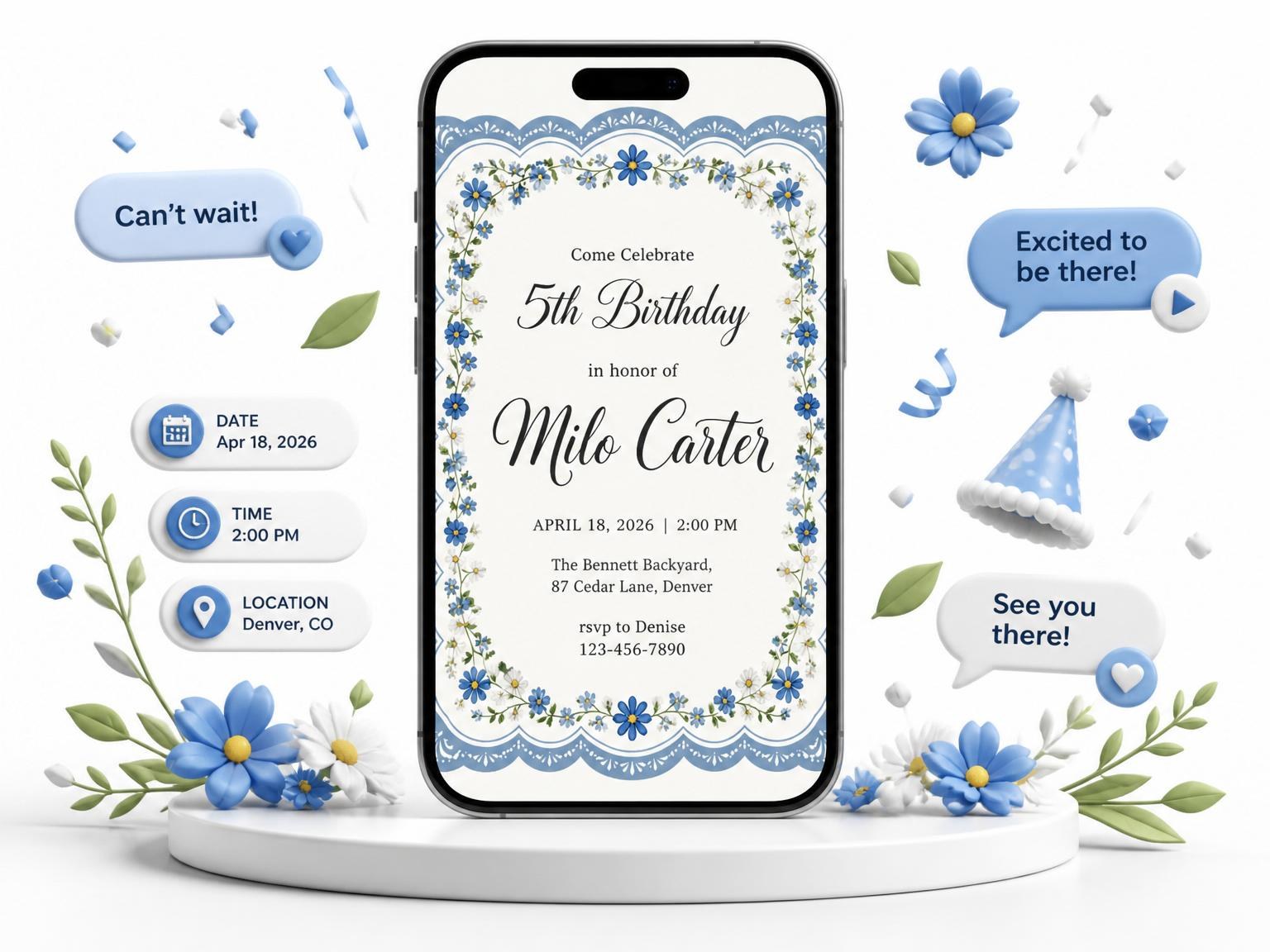 The Blue Scalloped Wildflower 5th Birthday Invitation invitation on a phone, with guest RSVPs arriving around it