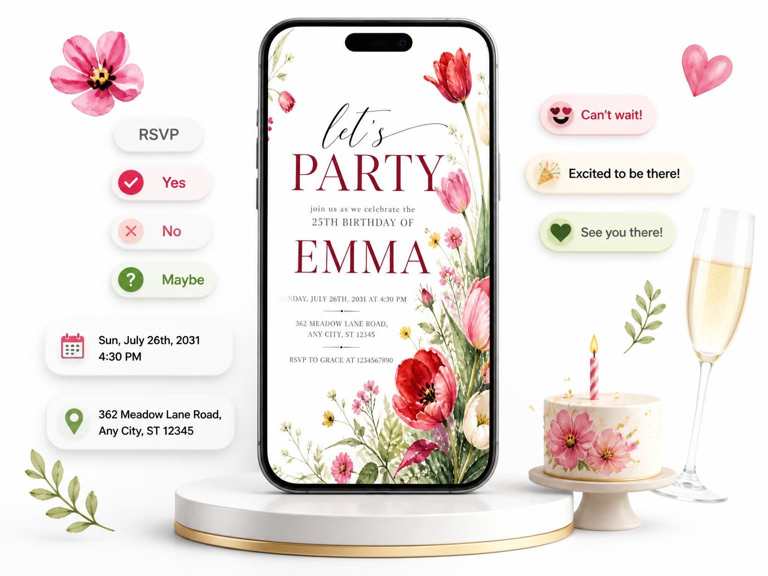 The Wildflower Bouquet Scarlet 25th Birthday Invitation invitation on a phone, with guest RSVPs arriving around it