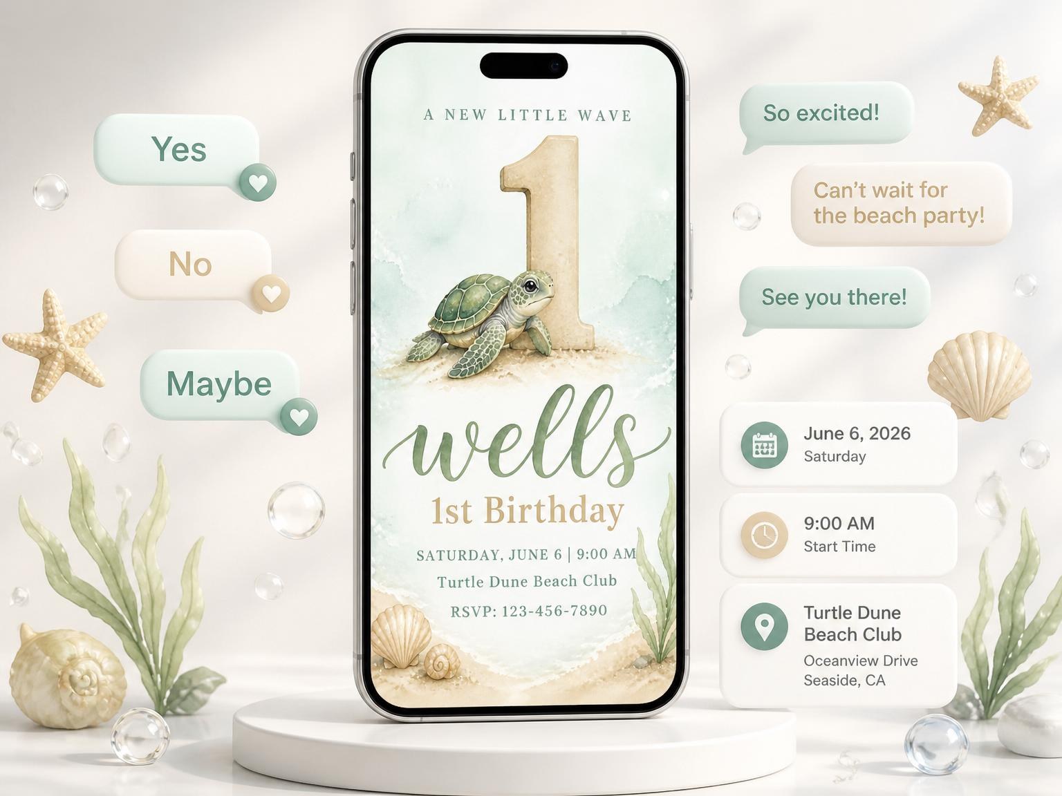 The Sage Watercolor Sea Turtle 1st Birthday invitation on a phone, with guest RSVPs arriving around it