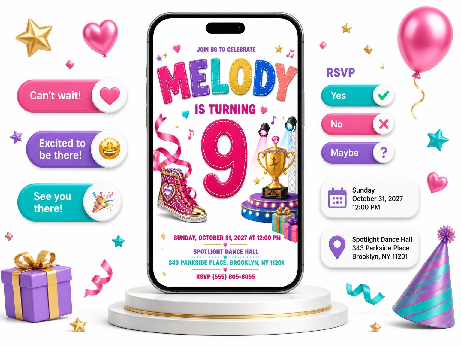 The Dance Trophy Stitched 9th Birthday Invitation invitation on a phone, with guest RSVPs arriving around it