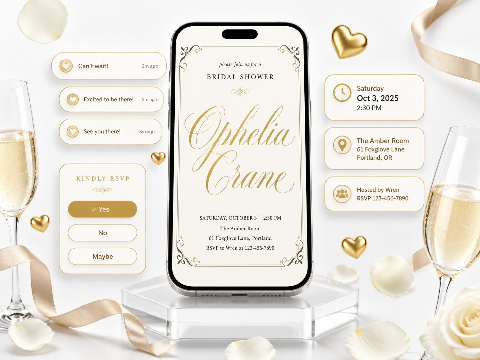 The Gold Filigree Cream Bridal Shower invitation on a phone, with guest RSVPs arriving around it