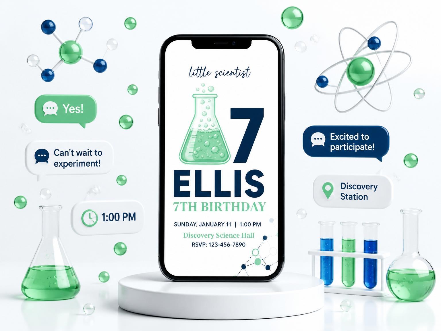 The Mint Beaker Science 7th Birthday Invitation invitation on a phone, with guest RSVPs arriving around it