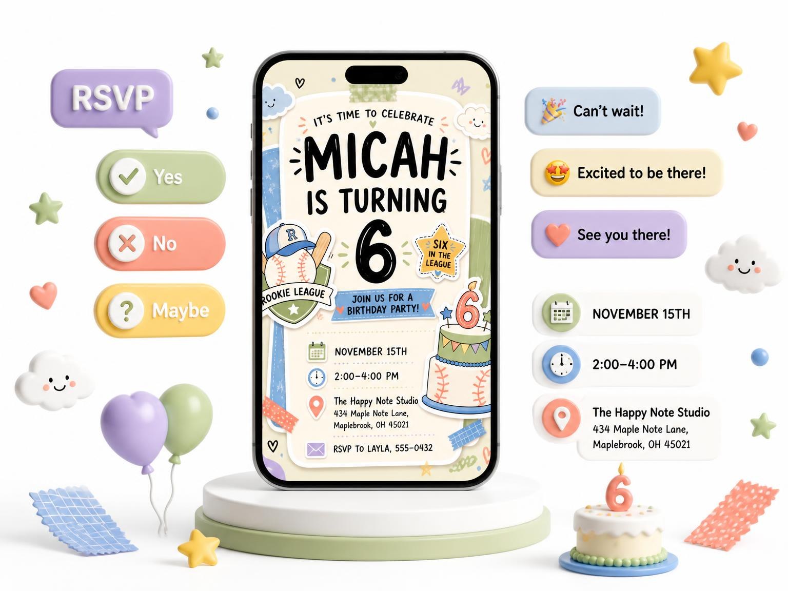 The Rookie Badge Pastel 6th Birthday Invitation invitation on a phone, with guest RSVPs arriving around it