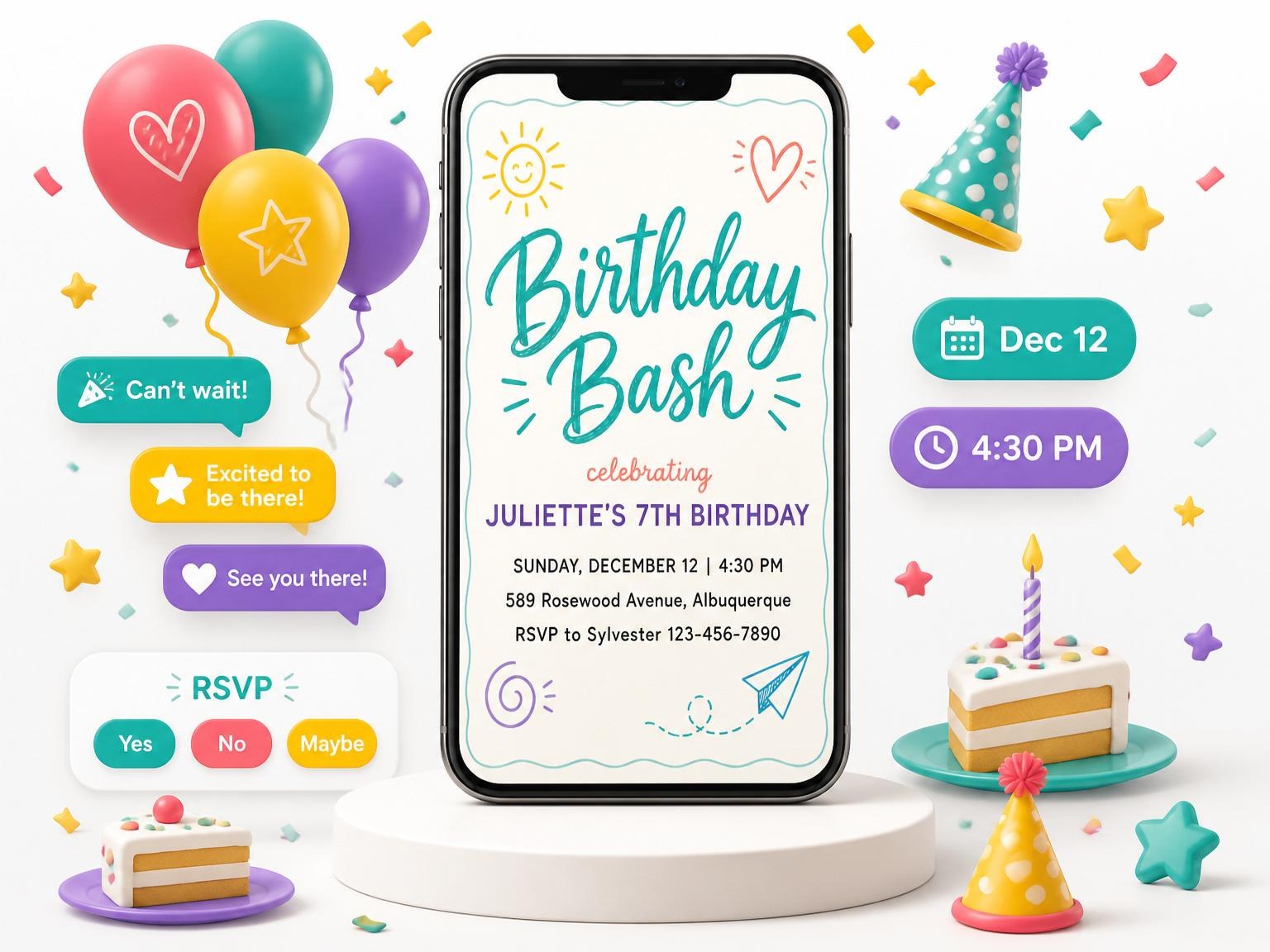 The Teal Doodle Motif 7th Birthday Celebration invitation on a phone, with guest RSVPs arriving around it