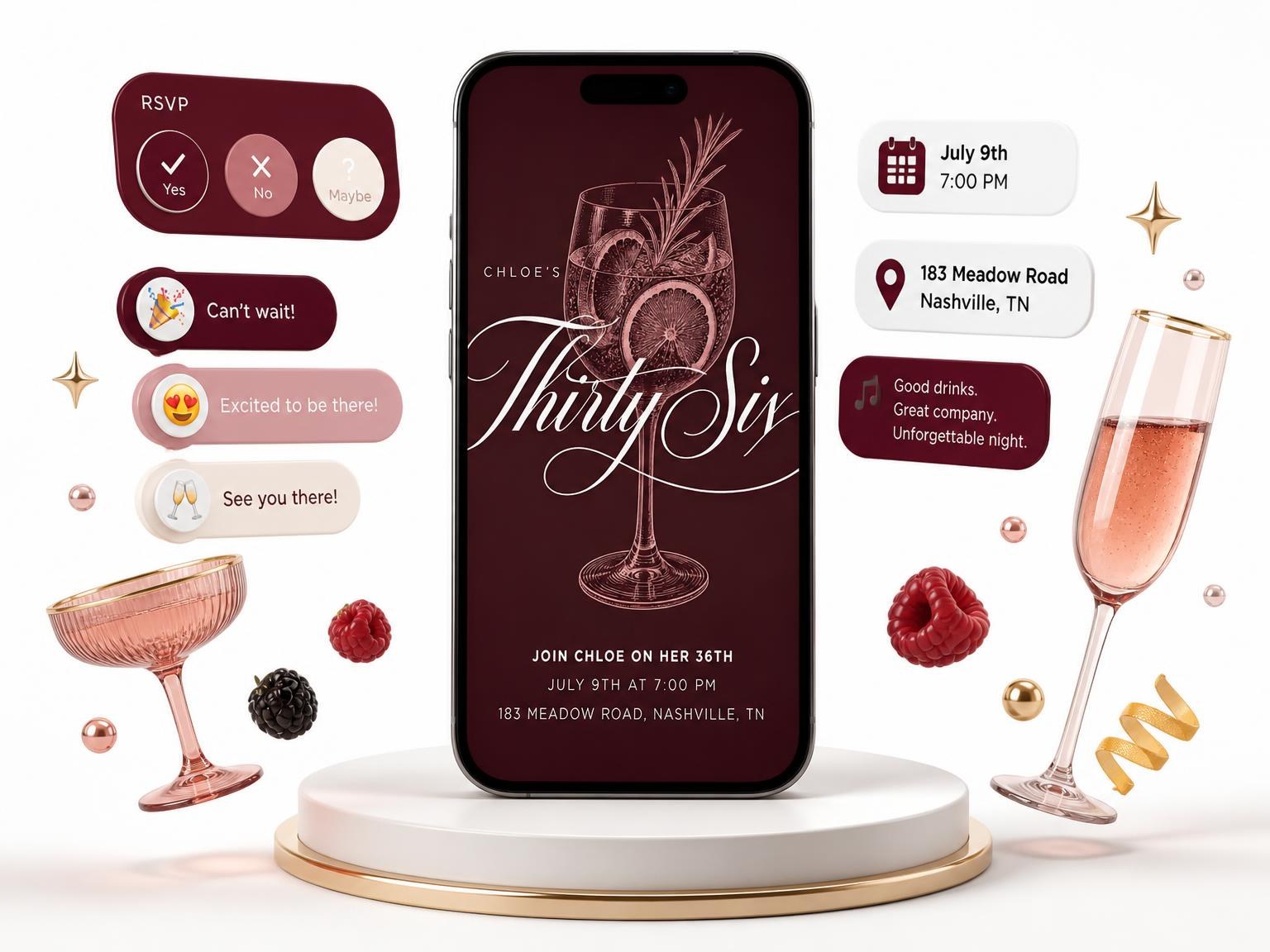 The Burgundy Cocktail 36th Birthday Invitation invitation on a phone, with guest RSVPs arriving around it