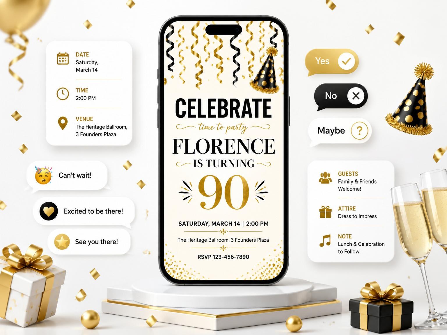 The Black and Gold Streamer 90th Birthday invitation on a phone, with guest RSVPs arriving around it