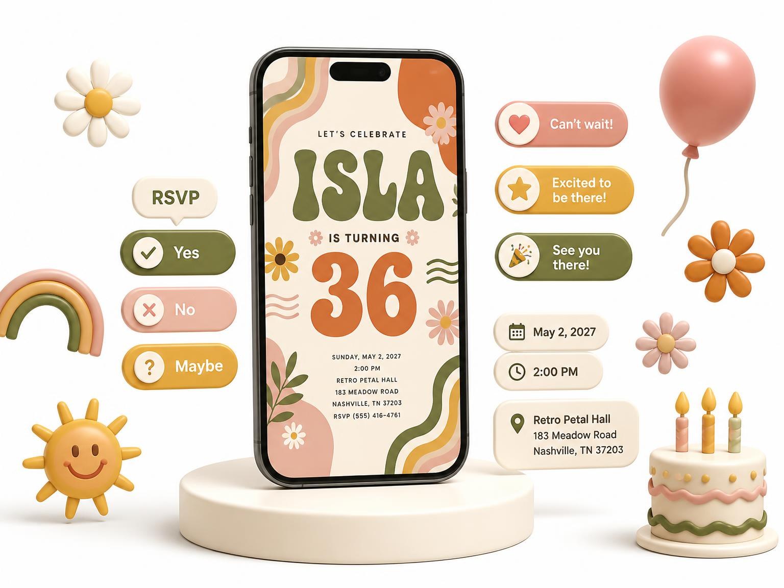 The Groovy Retro 36th Birthday Invitation invitation on a phone, with guest RSVPs arriving around it