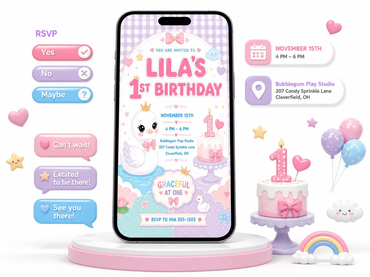 The Kawaii Swan Princess 1st Birthday Invitation invitation on a phone, with guest RSVPs arriving around it