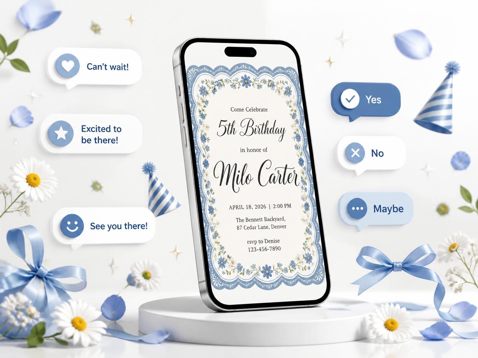 The Vintage Blue 5th Birthday Invitation invitation on a phone, with guest RSVPs arriving around it