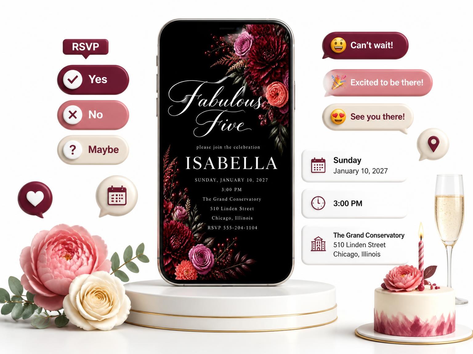The Black Floral 5th Birthday Invitation invitation on a phone, with guest RSVPs arriving around it