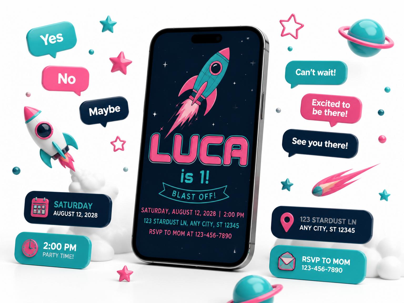 The Cosmic Rocket First Birthday Party invitation on a phone, with guest RSVPs arriving around it