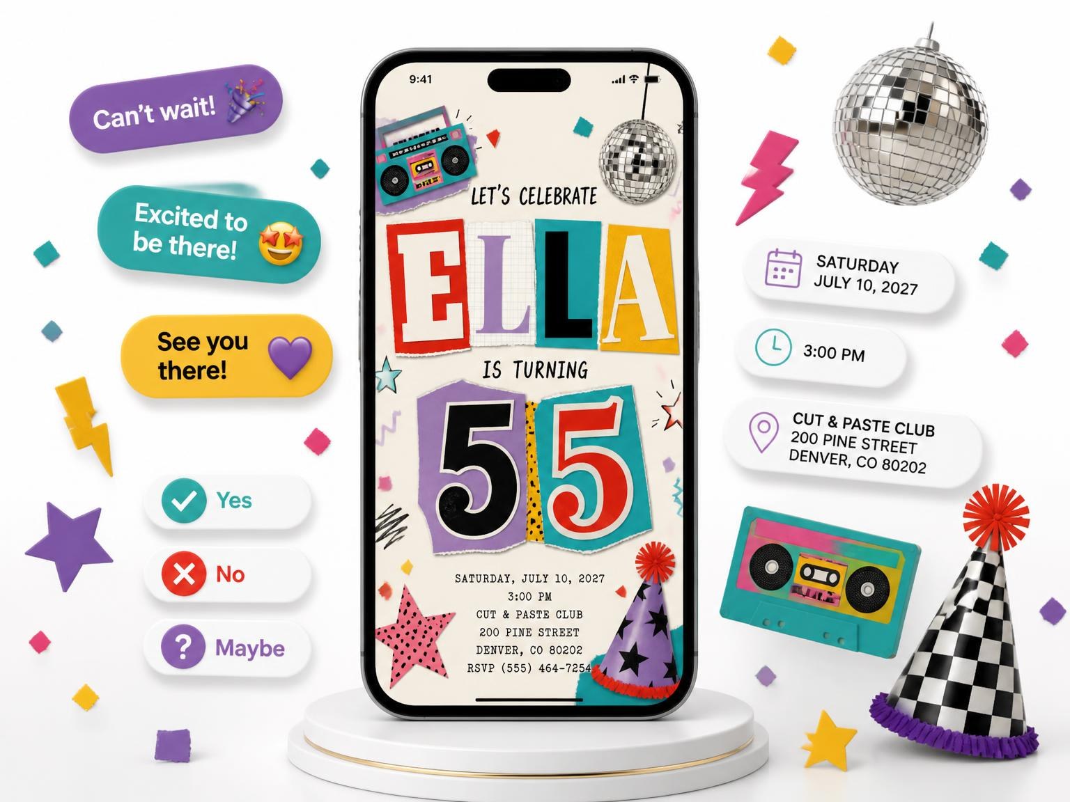 The Retro Paper Collage 55th Birthday Invitation invitation on a phone, with guest RSVPs arriving around it